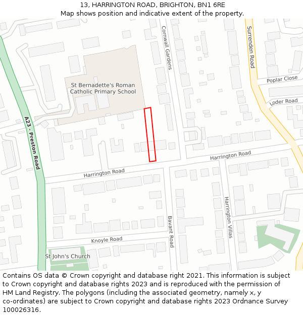 13, HARRINGTON ROAD, BRIGHTON, BN1 6RE: Location map and indicative extent of plot
