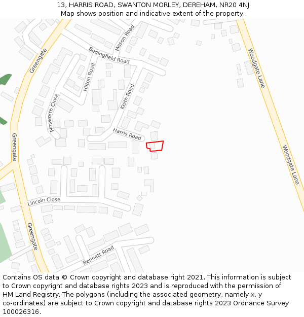 13, HARRIS ROAD, SWANTON MORLEY, DEREHAM, NR20 4NJ: Location map and indicative extent of plot