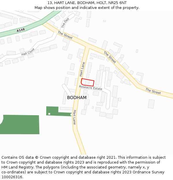 13, HART LANE, BODHAM, HOLT, NR25 6NT: Location map and indicative extent of plot