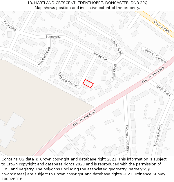 13, HARTLAND CRESCENT, EDENTHORPE, DONCASTER, DN3 2PQ: Location map and indicative extent of plot