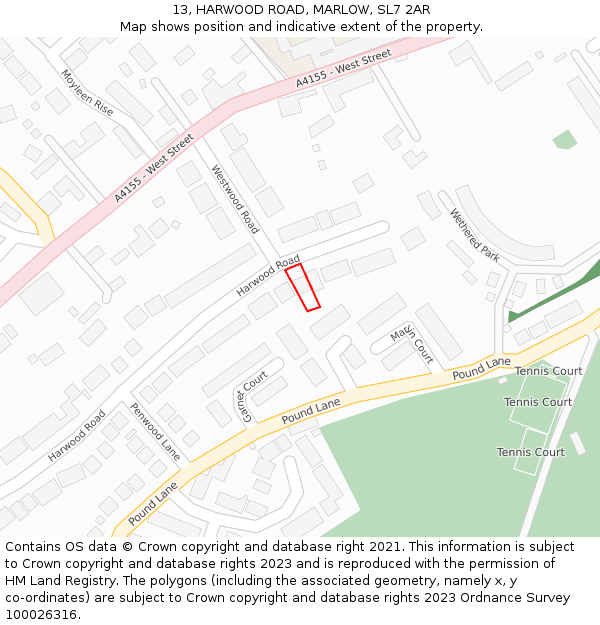 13, HARWOOD ROAD, MARLOW, SL7 2AR: Location map and indicative extent of plot