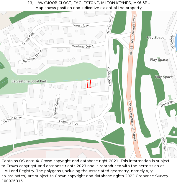 13, HAWKMOOR CLOSE, EAGLESTONE, MILTON KEYNES, MK6 5BU: Location map and indicative extent of plot