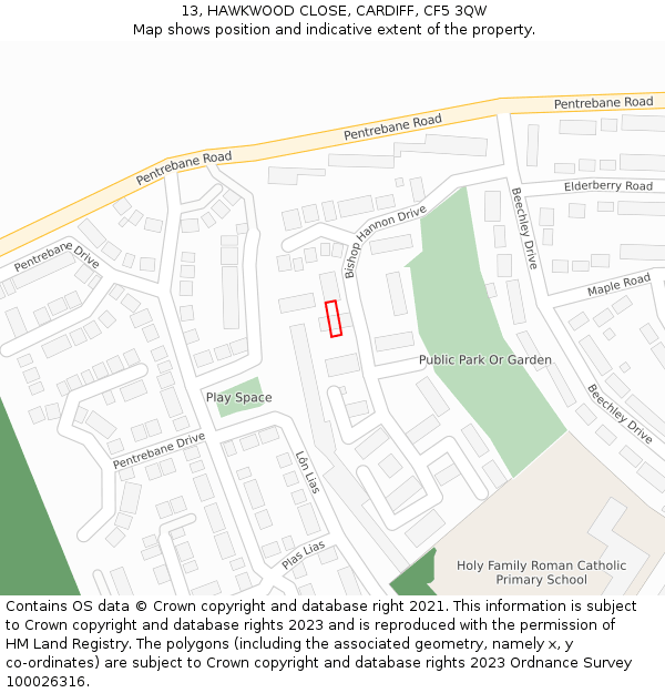 13, HAWKWOOD CLOSE, CARDIFF, CF5 3QW: Location map and indicative extent of plot