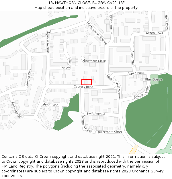 13, HAWTHORN CLOSE, RUGBY, CV21 1RF: Location map and indicative extent of plot