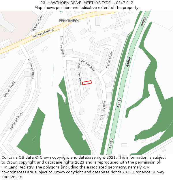 13, HAWTHORN DRIVE, MERTHYR TYDFIL, CF47 0LZ: Location map and indicative extent of plot