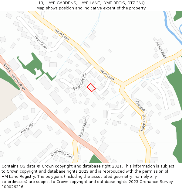 13, HAYE GARDENS, HAYE LANE, LYME REGIS, DT7 3NQ: Location map and indicative extent of plot