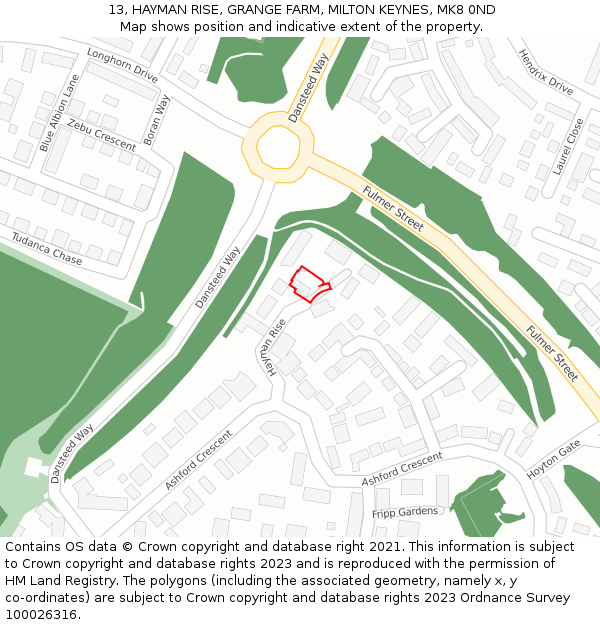 13, HAYMAN RISE, GRANGE FARM, MILTON KEYNES, MK8 0ND: Location map and indicative extent of plot