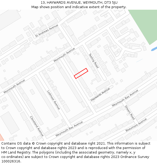 13, HAYWARDS AVENUE, WEYMOUTH, DT3 5JU: Location map and indicative extent of plot