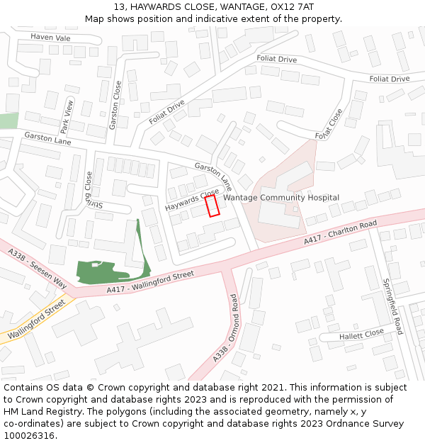 13, HAYWARDS CLOSE, WANTAGE, OX12 7AT: Location map and indicative extent of plot