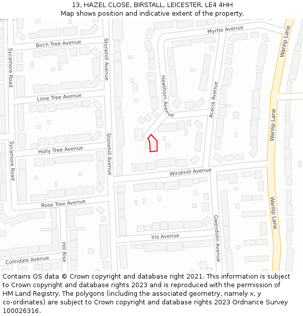 13, HAZEL CLOSE, BIRSTALL, LEICESTER, LE4 4HH: Location map and indicative extent of plot