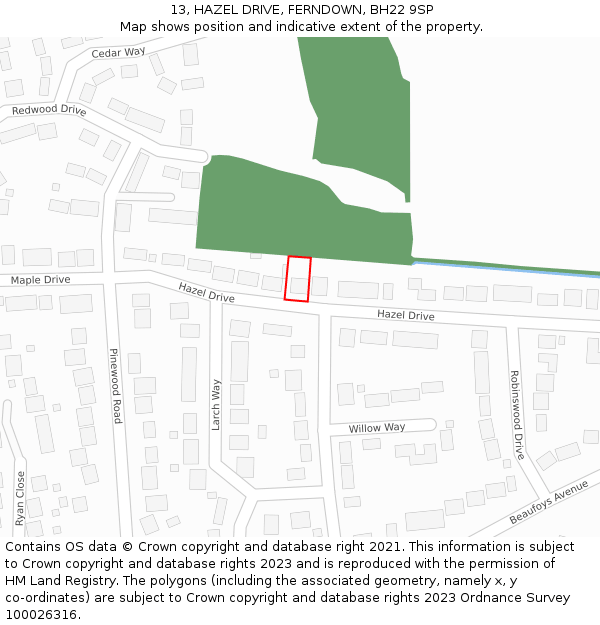 13, HAZEL DRIVE, FERNDOWN, BH22 9SP: Location map and indicative extent of plot