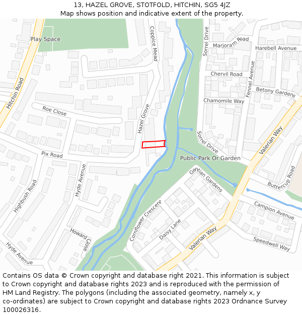 13, HAZEL GROVE, STOTFOLD, HITCHIN, SG5 4JZ: Location map and indicative extent of plot