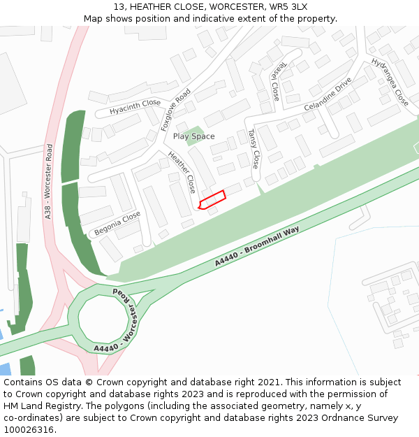 13, HEATHER CLOSE, WORCESTER, WR5 3LX: Location map and indicative extent of plot