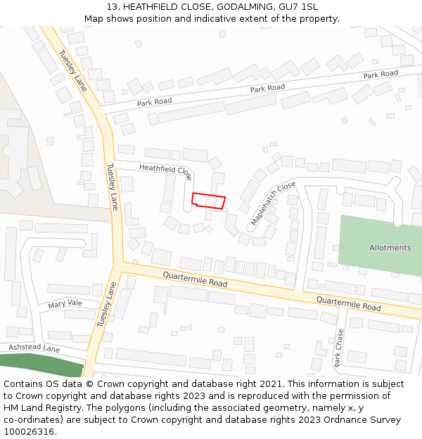 13, HEATHFIELD CLOSE, GODALMING, GU7 1SL: Location map and indicative extent of plot