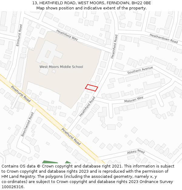 13, HEATHFIELD ROAD, WEST MOORS, FERNDOWN, BH22 0BE: Location map and indicative extent of plot