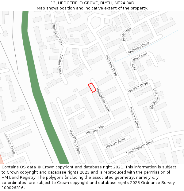 13, HEDGEFIELD GROVE, BLYTH, NE24 3XD: Location map and indicative extent of plot