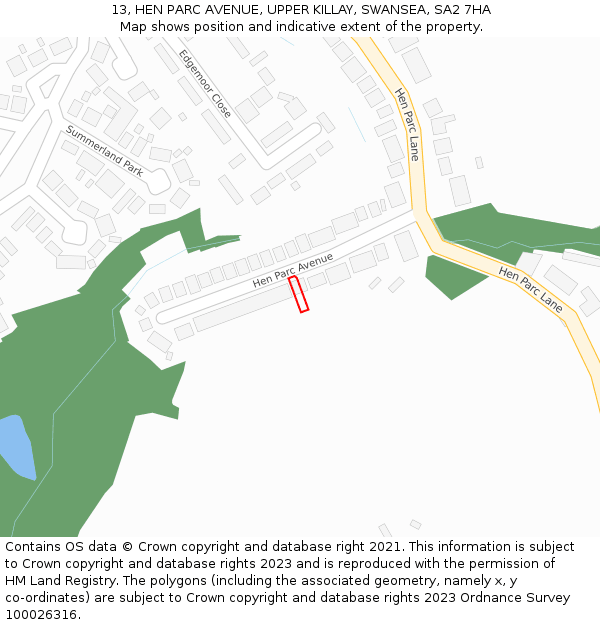 13, HEN PARC AVENUE, UPPER KILLAY, SWANSEA, SA2 7HA: Location map and indicative extent of plot