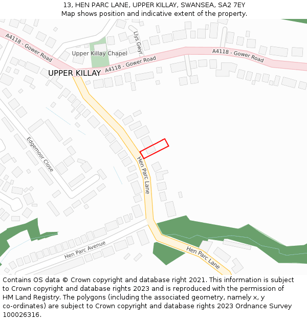 13, HEN PARC LANE, UPPER KILLAY, SWANSEA, SA2 7EY: Location map and indicative extent of plot