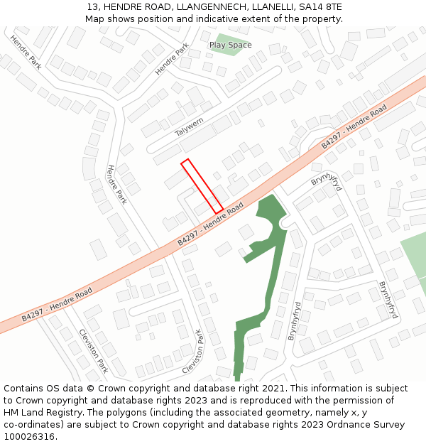 13, HENDRE ROAD, LLANGENNECH, LLANELLI, SA14 8TE: Location map and indicative extent of plot