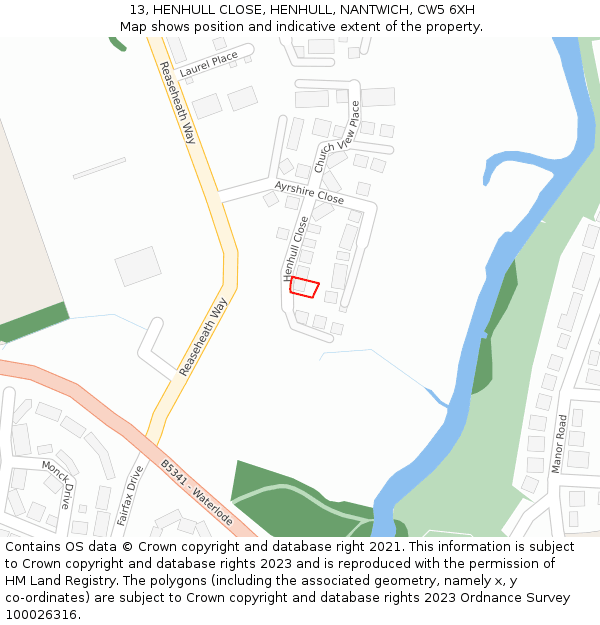 13, HENHULL CLOSE, HENHULL, NANTWICH, CW5 6XH: Location map and indicative extent of plot