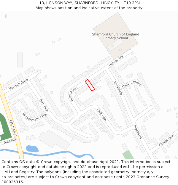 13, HENSON WAY, SHARNFORD, HINCKLEY, LE10 3PN: Location map and indicative extent of plot