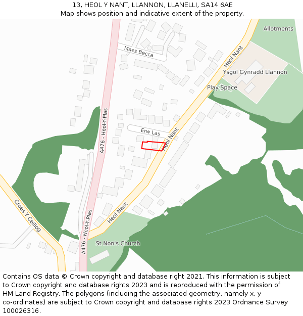 13, HEOL Y NANT, LLANNON, LLANELLI, SA14 6AE: Location map and indicative extent of plot