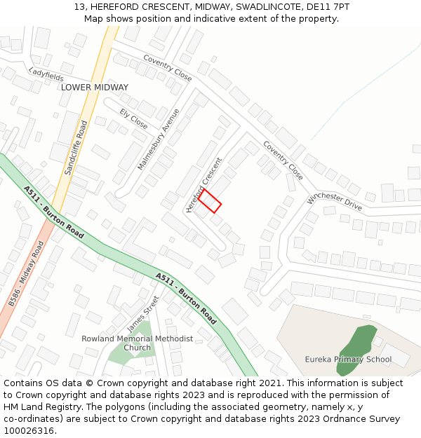 13, HEREFORD CRESCENT, MIDWAY, SWADLINCOTE, DE11 7PT: Location map and indicative extent of plot