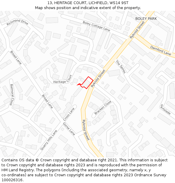 13, HERITAGE COURT, LICHFIELD, WS14 9ST: Location map and indicative extent of plot