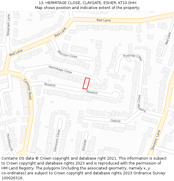 13, HERMITAGE CLOSE, CLAYGATE, ESHER, KT10 0HH: Location map and indicative extent of plot