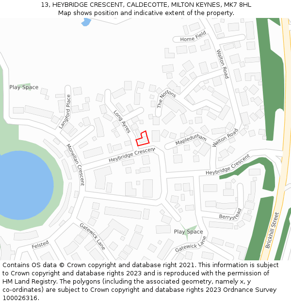 13, HEYBRIDGE CRESCENT, CALDECOTTE, MILTON KEYNES, MK7 8HL: Location map and indicative extent of plot