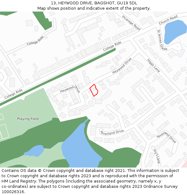 13, HEYWOOD DRIVE, BAGSHOT, GU19 5DL: Location map and indicative extent of plot