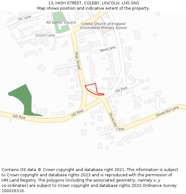 13, HIGH STREET, COLEBY, LINCOLN, LN5 0AG: Location map and indicative extent of plot