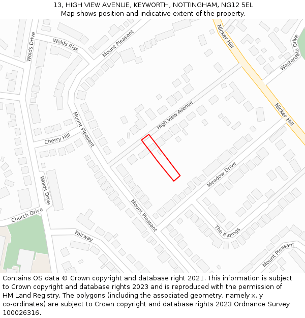 13, HIGH VIEW AVENUE, KEYWORTH, NOTTINGHAM, NG12 5EL: Location map and indicative extent of plot