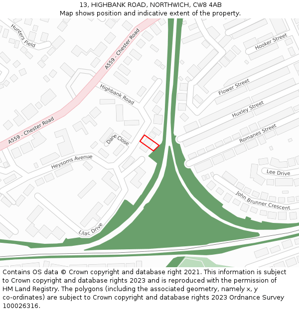 13, HIGHBANK ROAD, NORTHWICH, CW8 4AB: Location map and indicative extent of plot