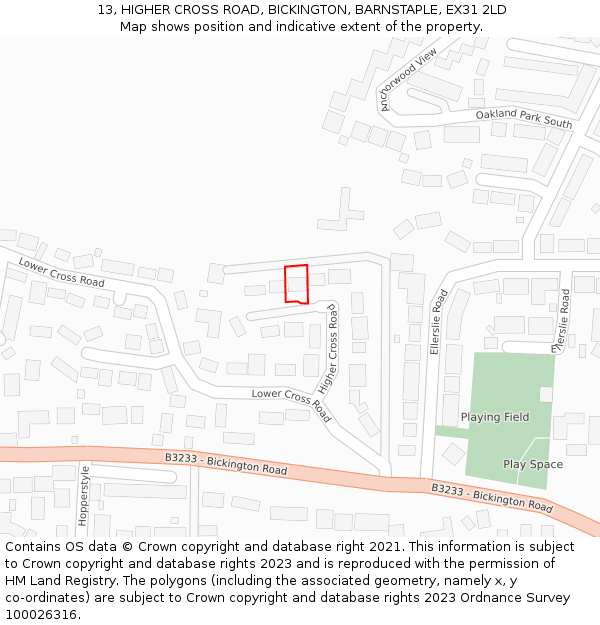 13, HIGHER CROSS ROAD, BICKINGTON, BARNSTAPLE, EX31 2LD: Location map and indicative extent of plot