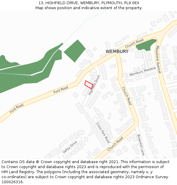 13, HIGHFIELD DRIVE, WEMBURY, PLYMOUTH, PL9 0EX: Location map and indicative extent of plot