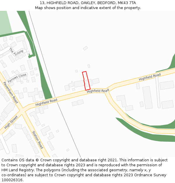 13, HIGHFIELD ROAD, OAKLEY, BEDFORD, MK43 7TA: Location map and indicative extent of plot