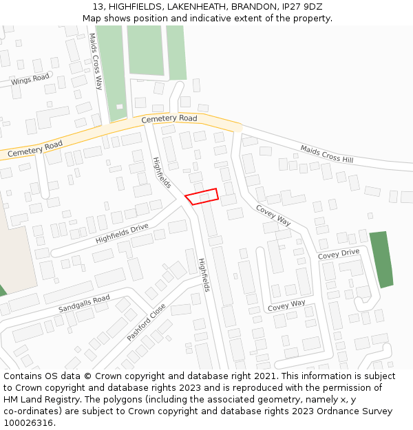 13, HIGHFIELDS, LAKENHEATH, BRANDON, IP27 9DZ: Location map and indicative extent of plot