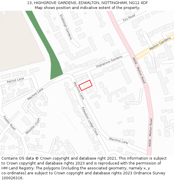 13, HIGHGROVE GARDENS, EDWALTON, NOTTINGHAM, NG12 4DF: Location map and indicative extent of plot