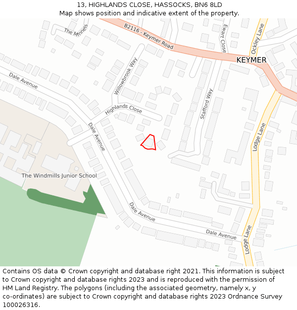 13, HIGHLANDS CLOSE, HASSOCKS, BN6 8LD: Location map and indicative extent of plot