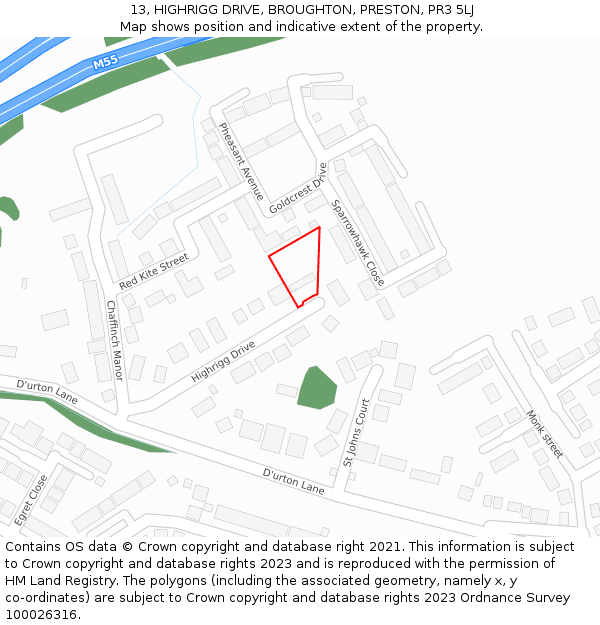 13, HIGHRIGG DRIVE, BROUGHTON, PRESTON, PR3 5LJ: Location map and indicative extent of plot