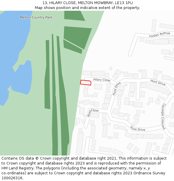13, HILARY CLOSE, MELTON MOWBRAY, LE13 1PU: Location map and indicative extent of plot