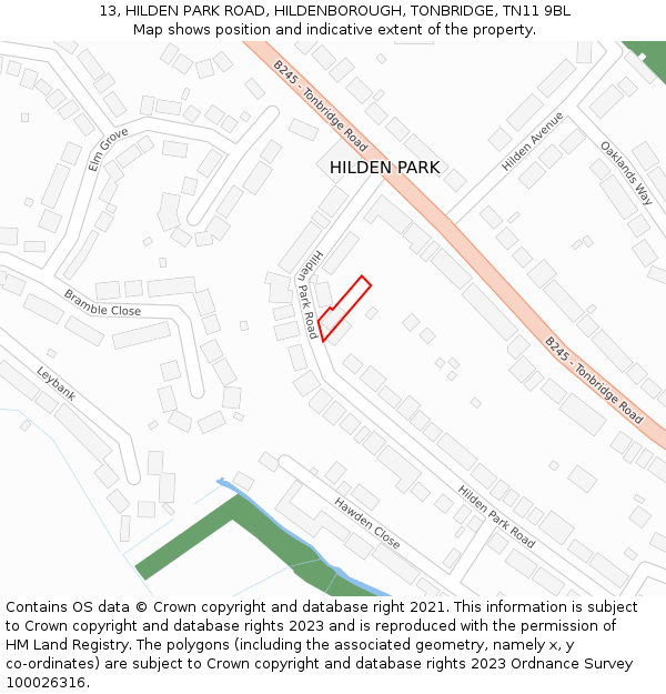 13, HILDEN PARK ROAD, HILDENBOROUGH, TONBRIDGE, TN11 9BL: Location map and indicative extent of plot