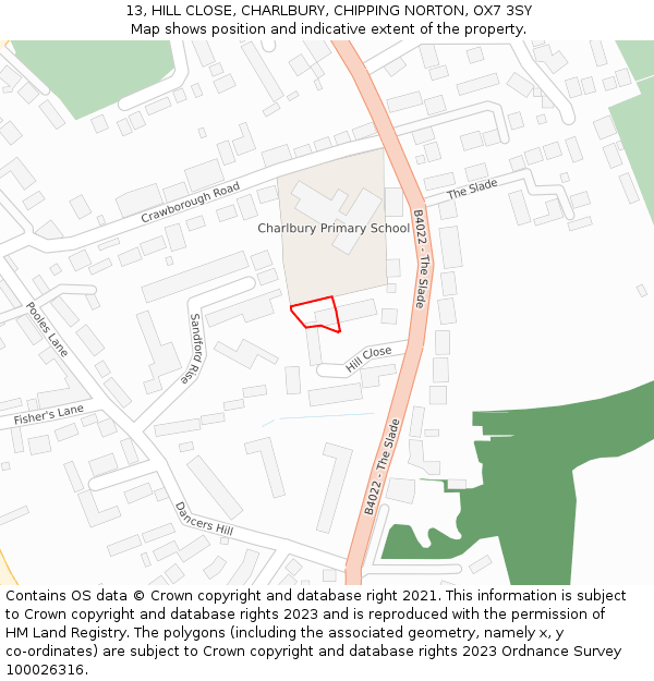 13, HILL CLOSE, CHARLBURY, CHIPPING NORTON, OX7 3SY: Location map and indicative extent of plot