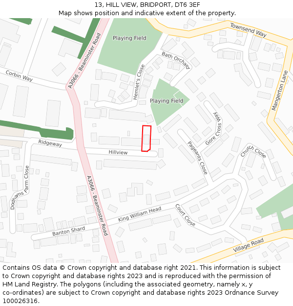 13, HILL VIEW, BRIDPORT, DT6 3EF: Location map and indicative extent of plot