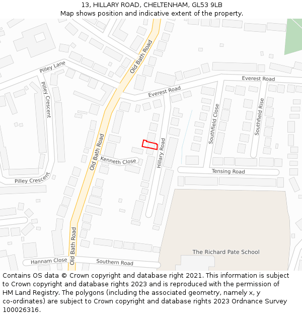 13, HILLARY ROAD, CHELTENHAM, GL53 9LB: Location map and indicative extent of plot