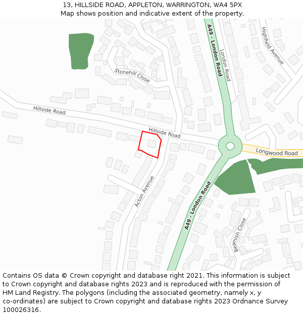 13, HILLSIDE ROAD, APPLETON, WARRINGTON, WA4 5PX: Location map and indicative extent of plot