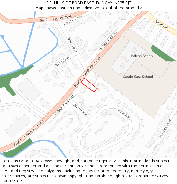 13, HILLSIDE ROAD EAST, BUNGAY, NR35 1JT: Location map and indicative extent of plot