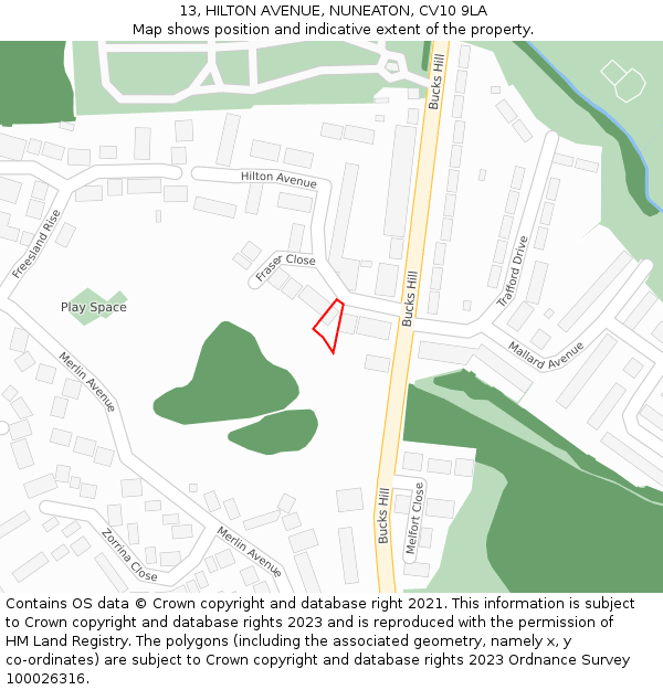 13, HILTON AVENUE, NUNEATON, CV10 9LA: Location map and indicative extent of plot
