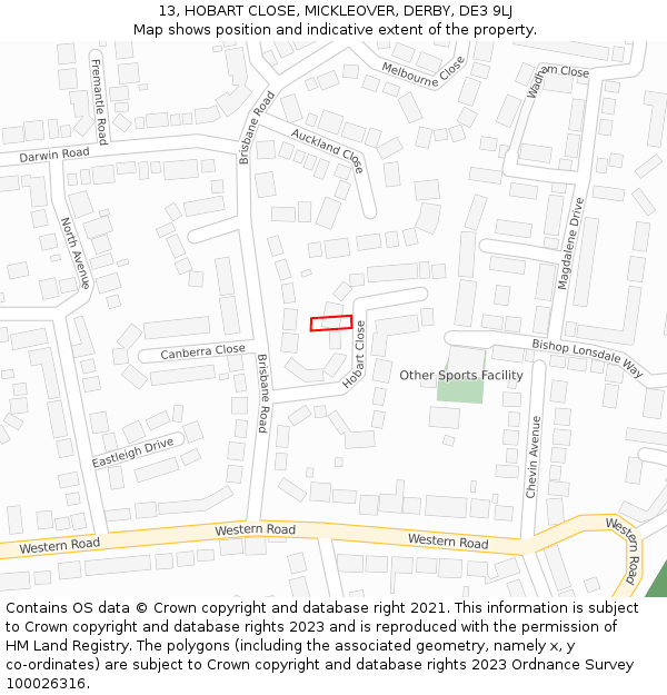 13, HOBART CLOSE, MICKLEOVER, DERBY, DE3 9LJ: Location map and indicative extent of plot